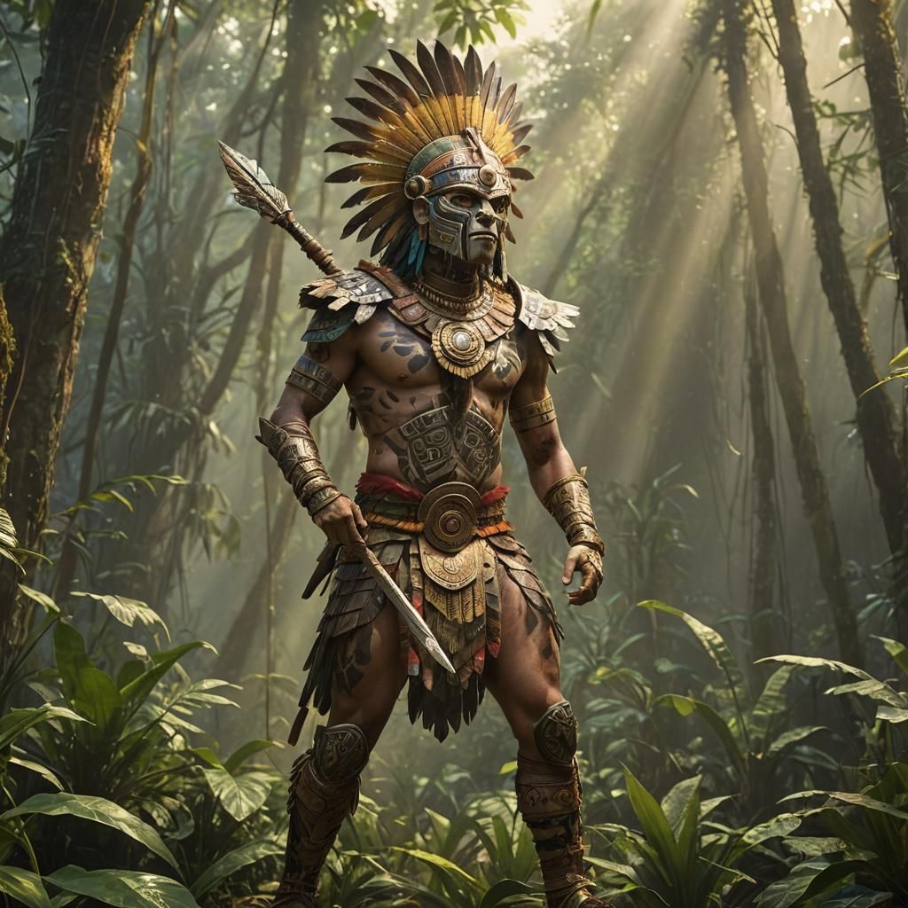 Aztec Jaguar Warrior in Jungle, Mesoamerican Concept Art