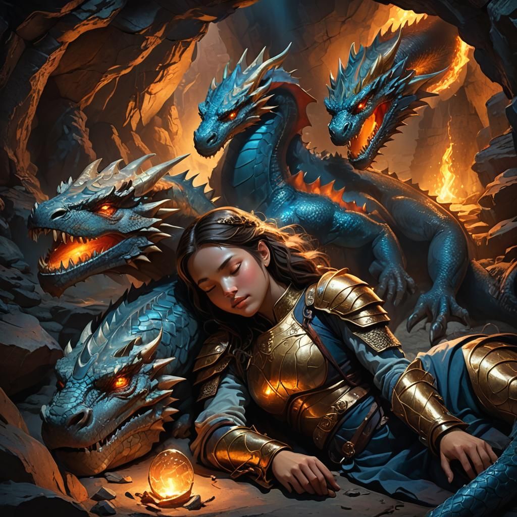 Girl Sleeping with Dragon in Mystical Cave