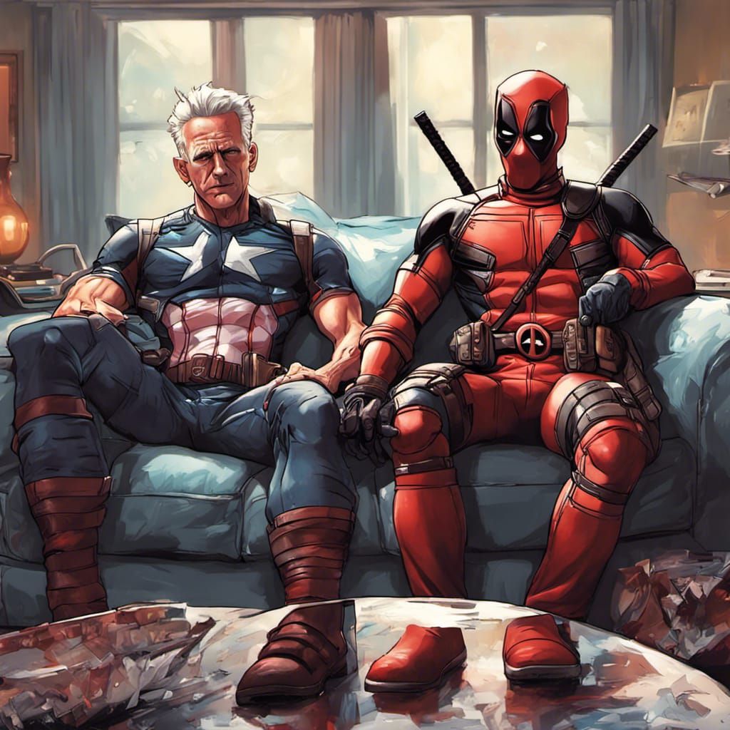 Deadpool, Rick, and Captain America on Couch