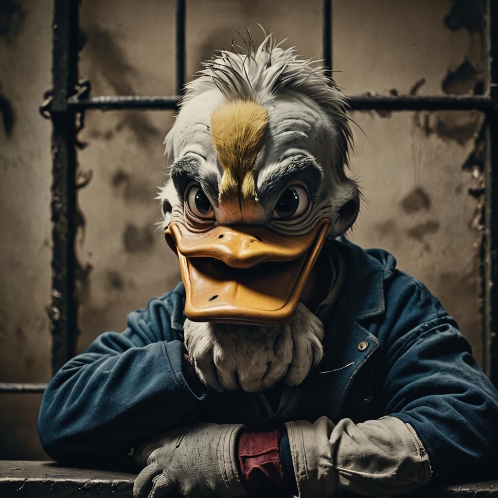 Donald Duck Portrait in Prison: Hyper-Realistic Close-Up