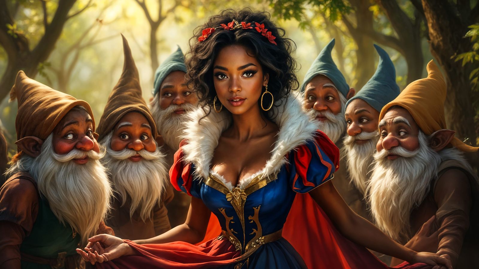 African-American Snow White Surrounded by Eight Dwarves in a...