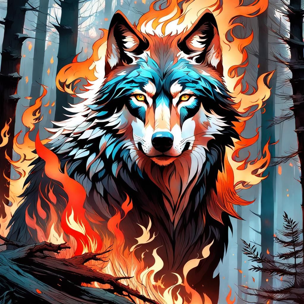 Fiery Wolf in Enchanted Woods: Digital Illustration