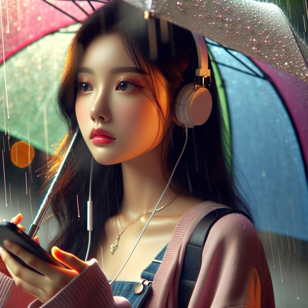 Girl with Umbrella in Rain