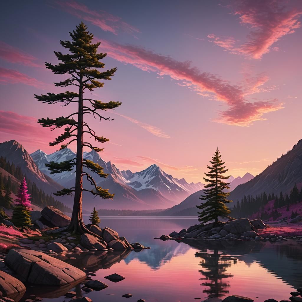 Majestic Mountain Vista with Pink Sunset, Hyperrealistic Art
