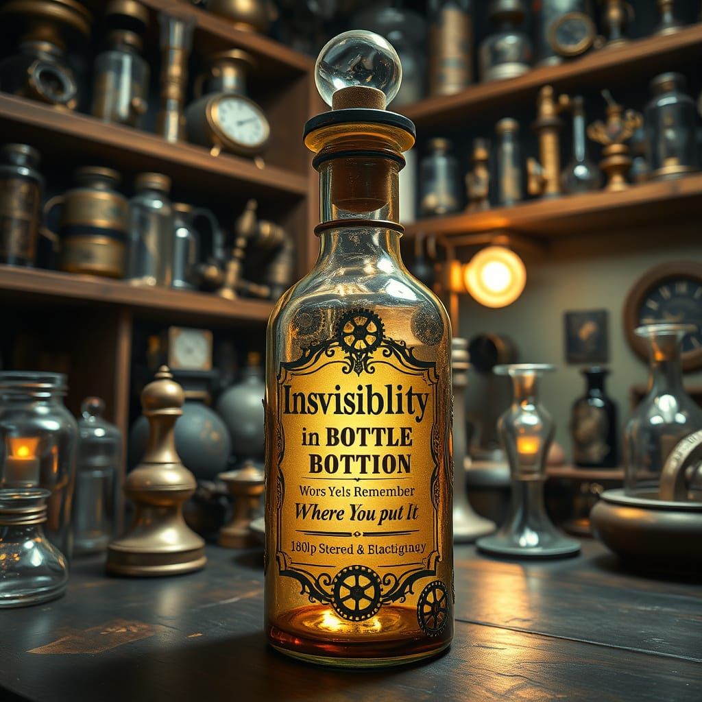 An ornate glass vial filled with a shimmering, golden potion, labeled "Invisibility in a Bottle - Works great, if you re...