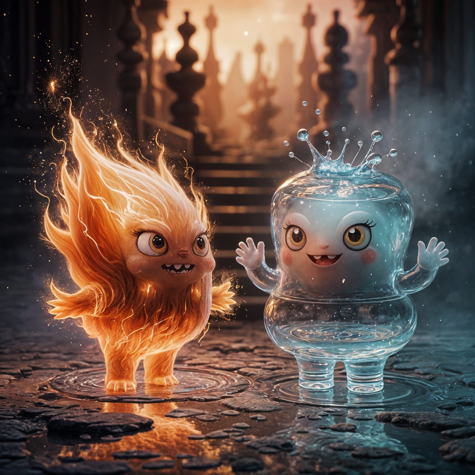 Cute Fire and Water Elementals in Whimsical Digital Art