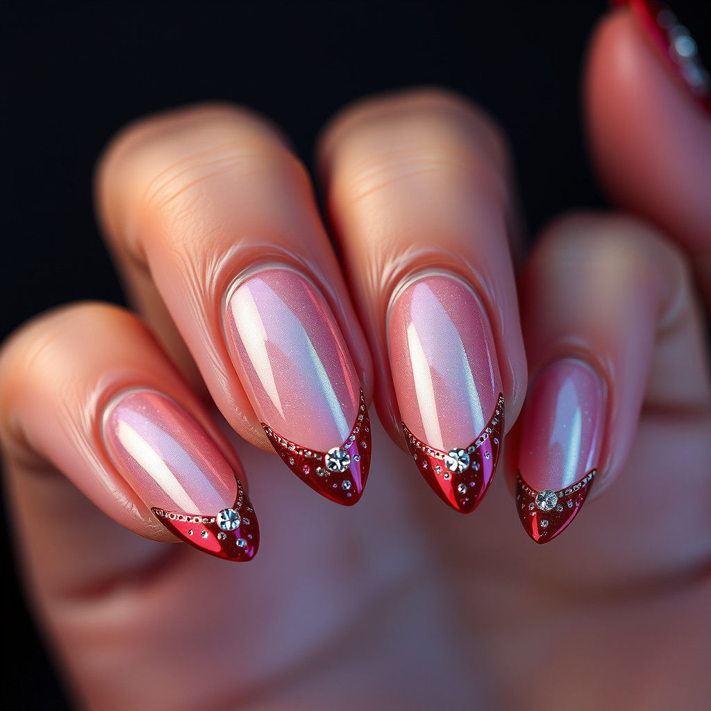 Red French Tip Nails with Silver Glitter Design