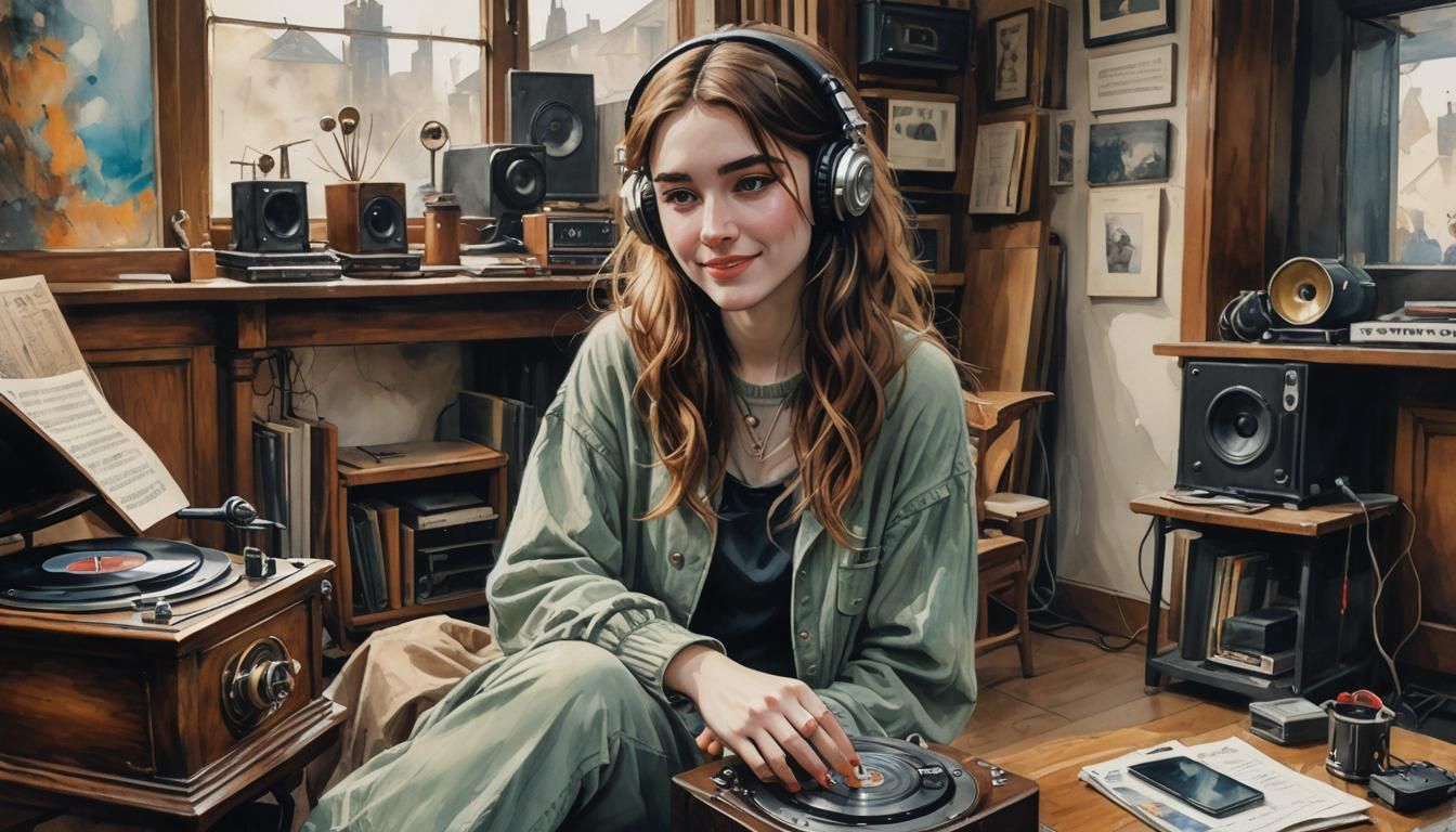 Irish Girl with Gramophone in Cubist Style