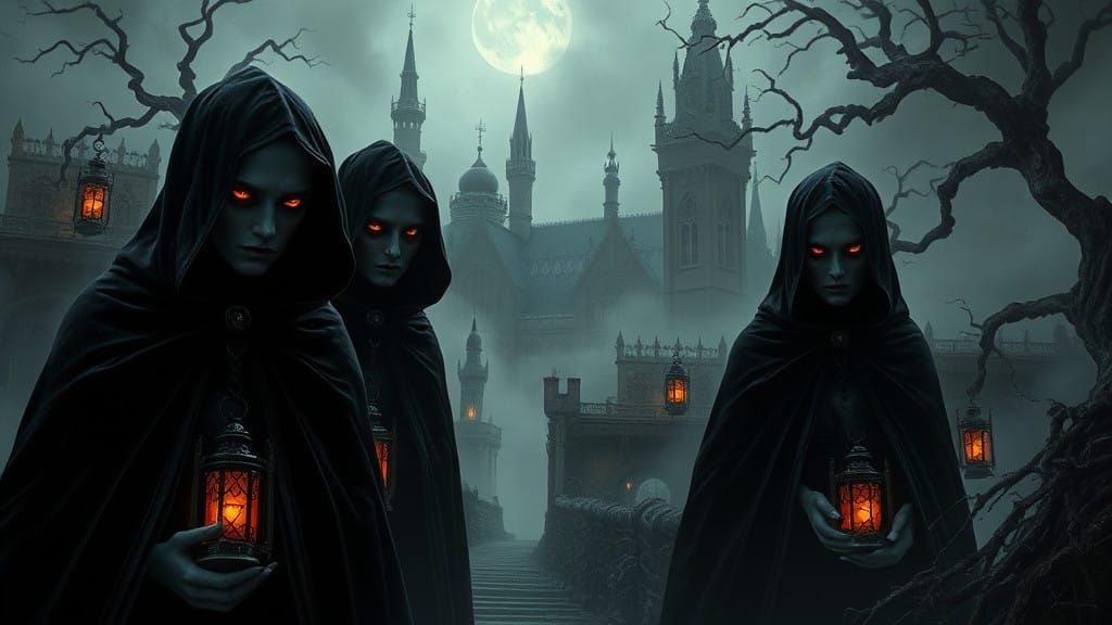Elegant Vampires in a Haunting, Dark Cityscape