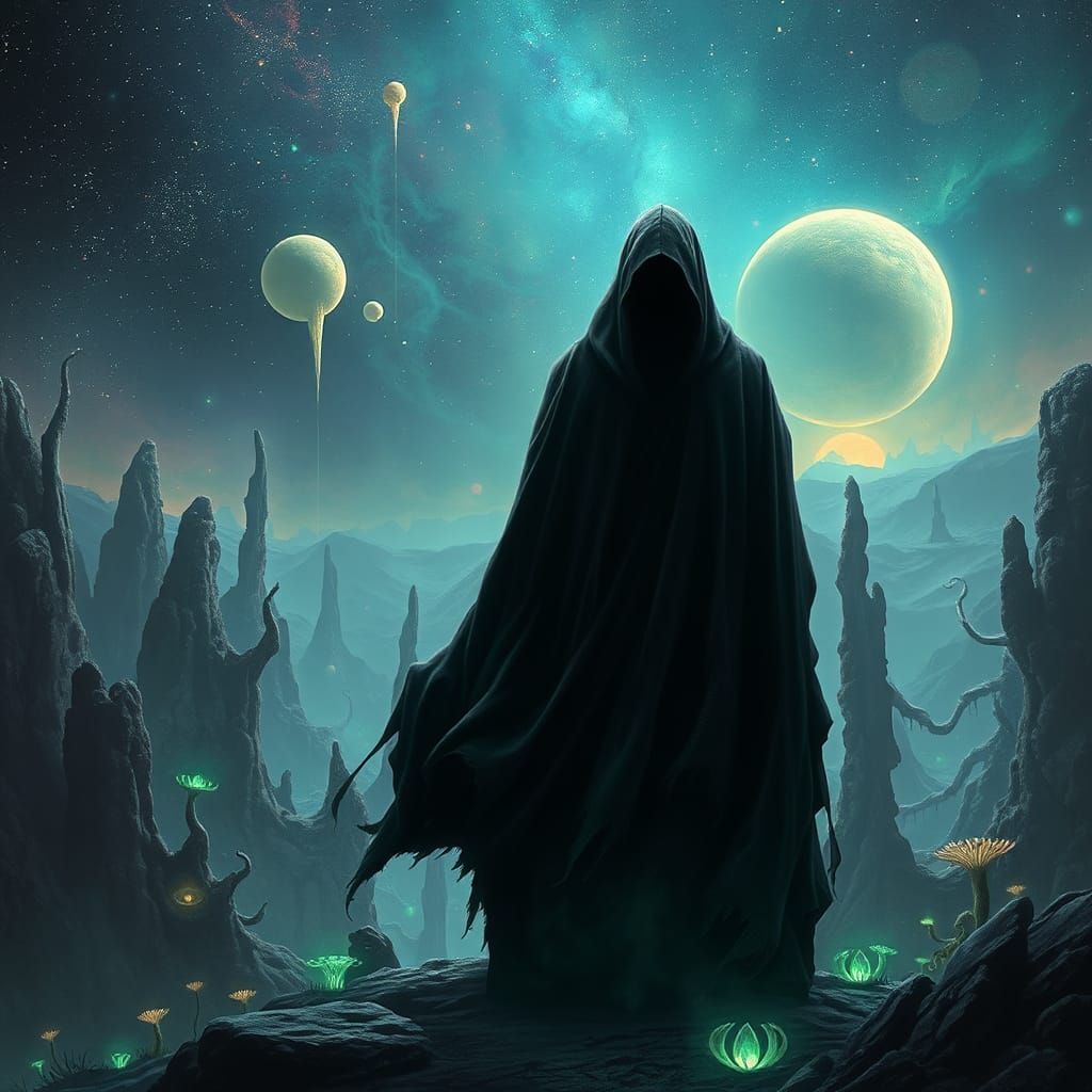 Mysterious Figure in Alien Landscape with Spacescape