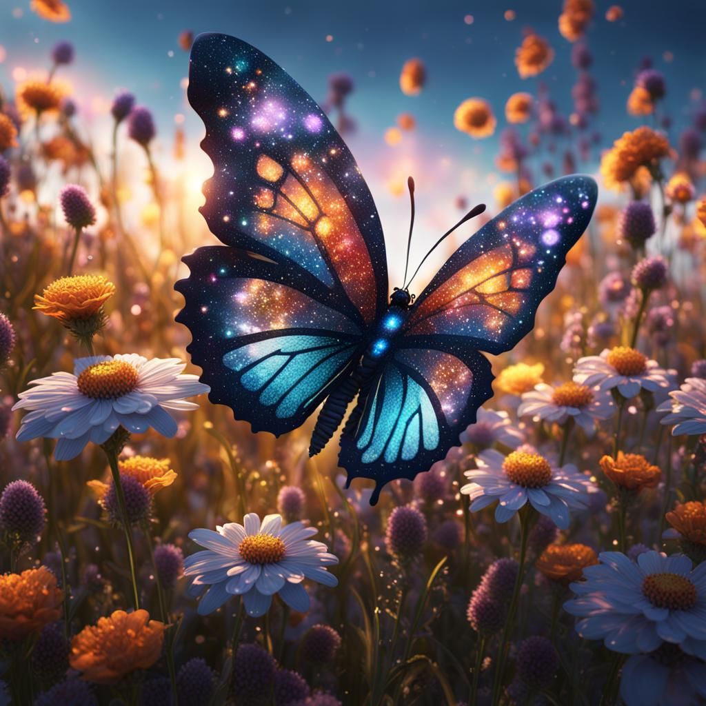 Sparkly Butterfly in a Flower Field: Detailed Matte Painting