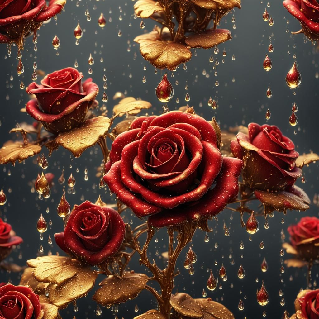 Gold and Red Rose with Water Droplets in Detailed Painting