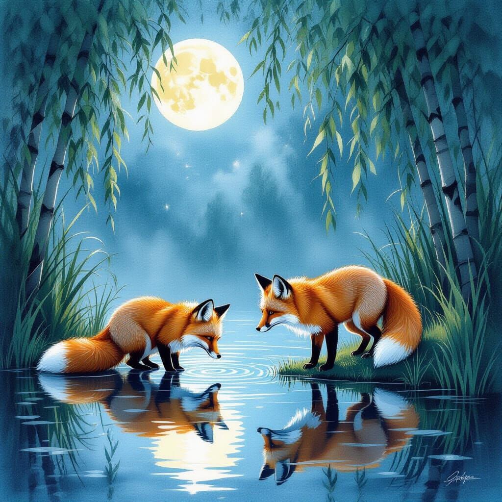 Mystical Fox Reflection in Moonlight Watercolor Art