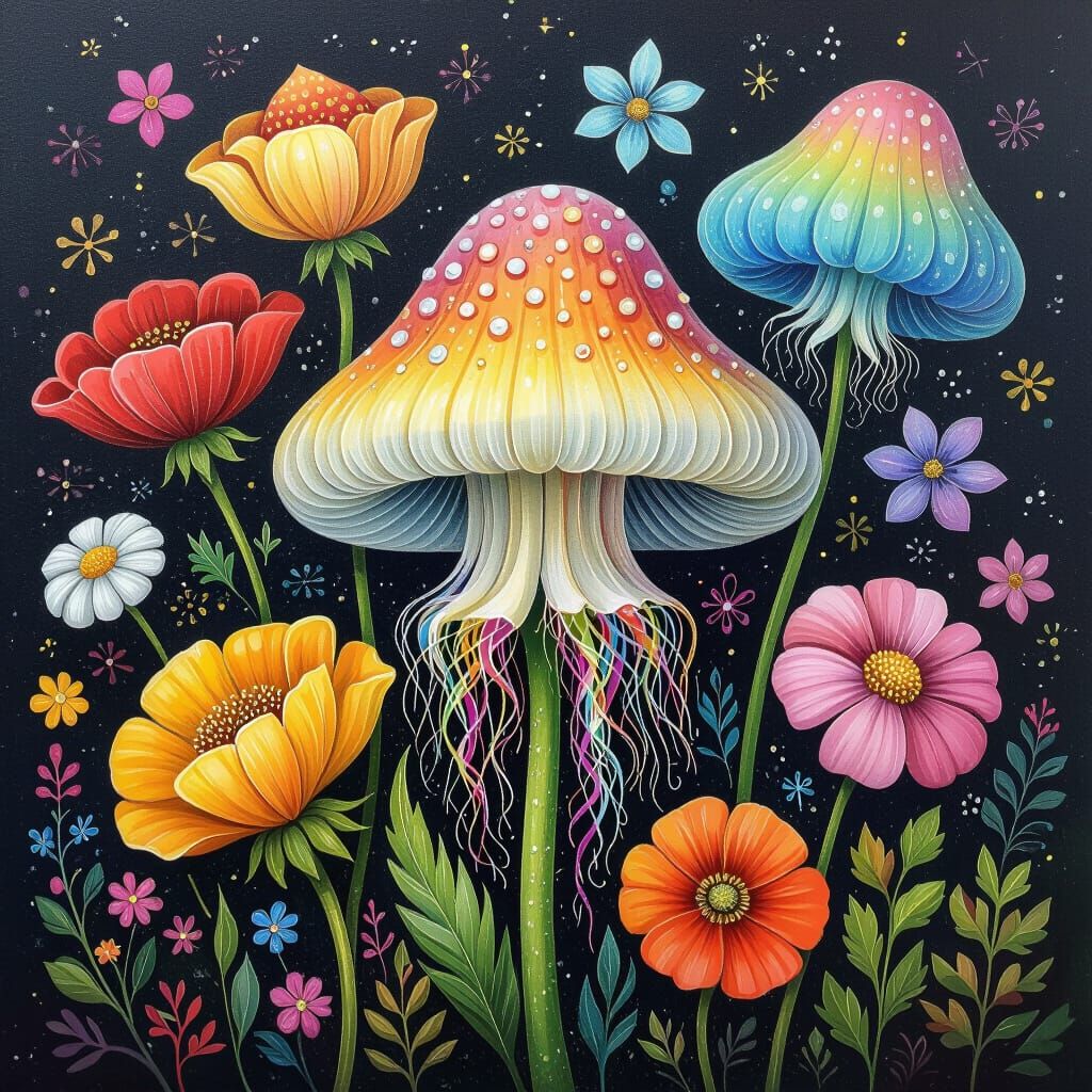 Oil Painting of Dandelions as Colorful Neon Jellyfish
