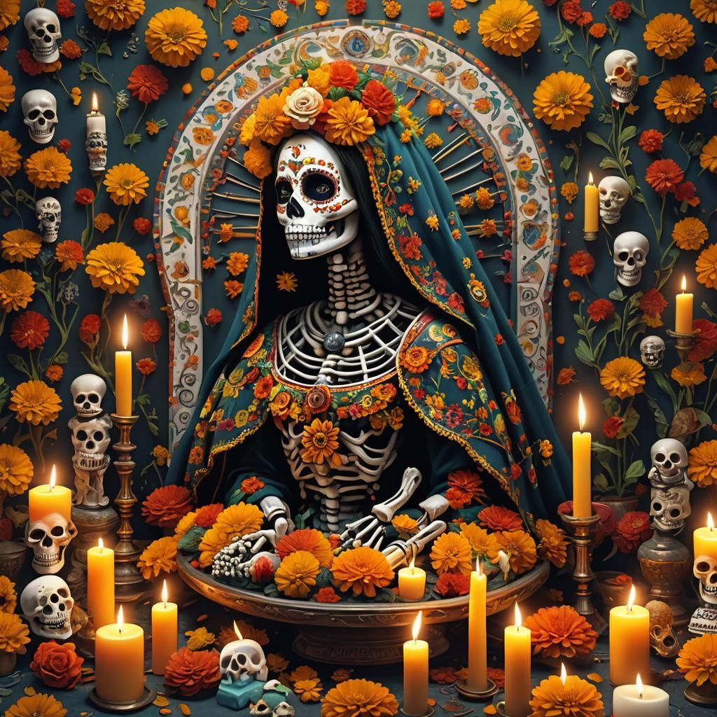 Sugar Skull Virgen de Guadalupe with Marigolds