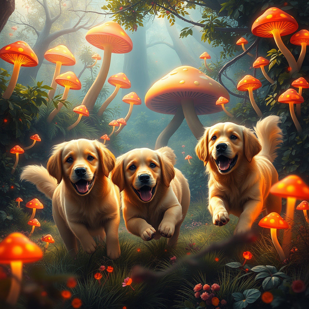 Golden Retrievers in a Magical Fantasy Forest