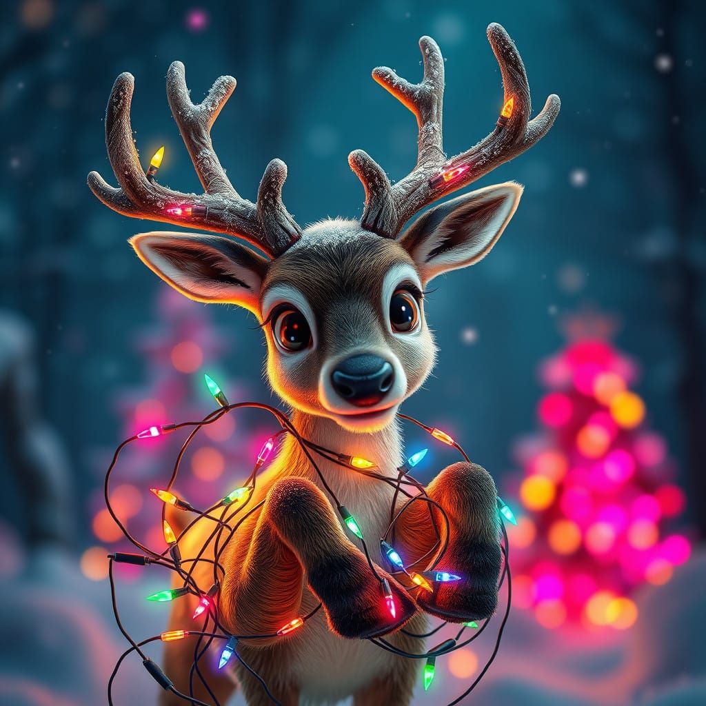 Cute Reindeer Enjoys Tangled Christmas Lights