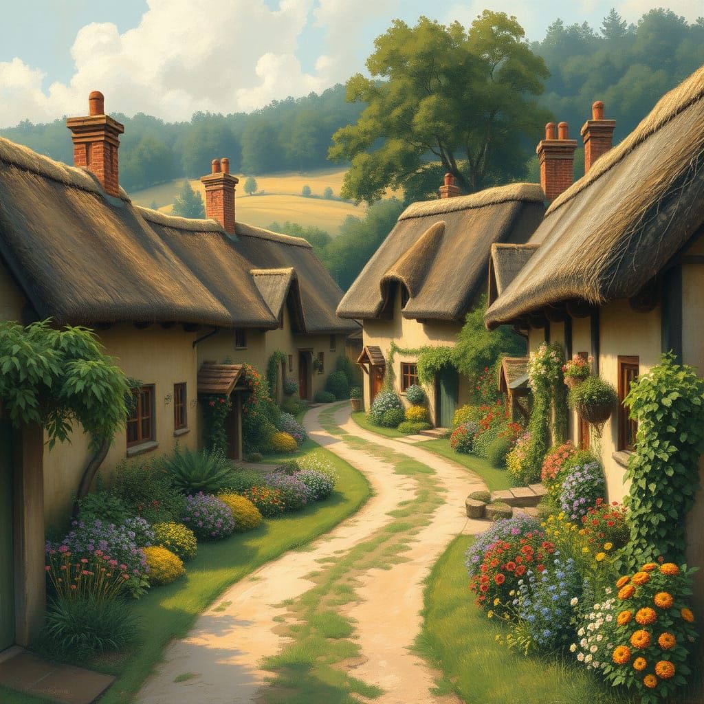 Whimsical Countryside Village in Warm Impressionist Style