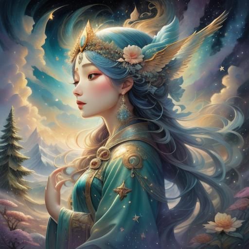 Sorceress in Pine Forest with Dynamic Clouds