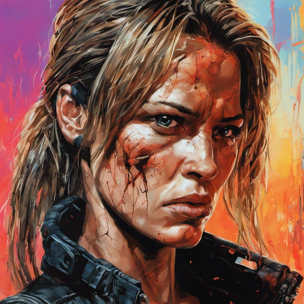 Hyperrealistic Sarah Connor Portrait in Dramatic Lighting