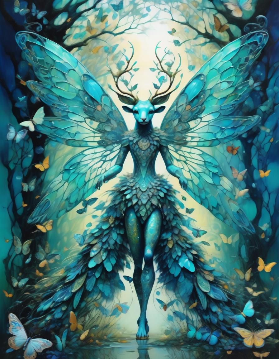 Turquoise Glass Nymph with Wings in Surreal Style