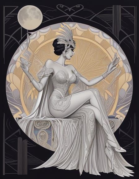 Elegant Art Deco Woman in Stylized Skyscape