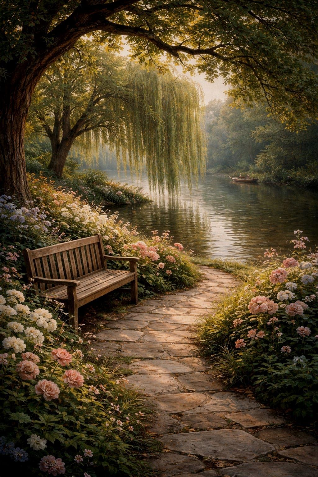 Tranquil Riverside Garden with Willow Tree and Bench