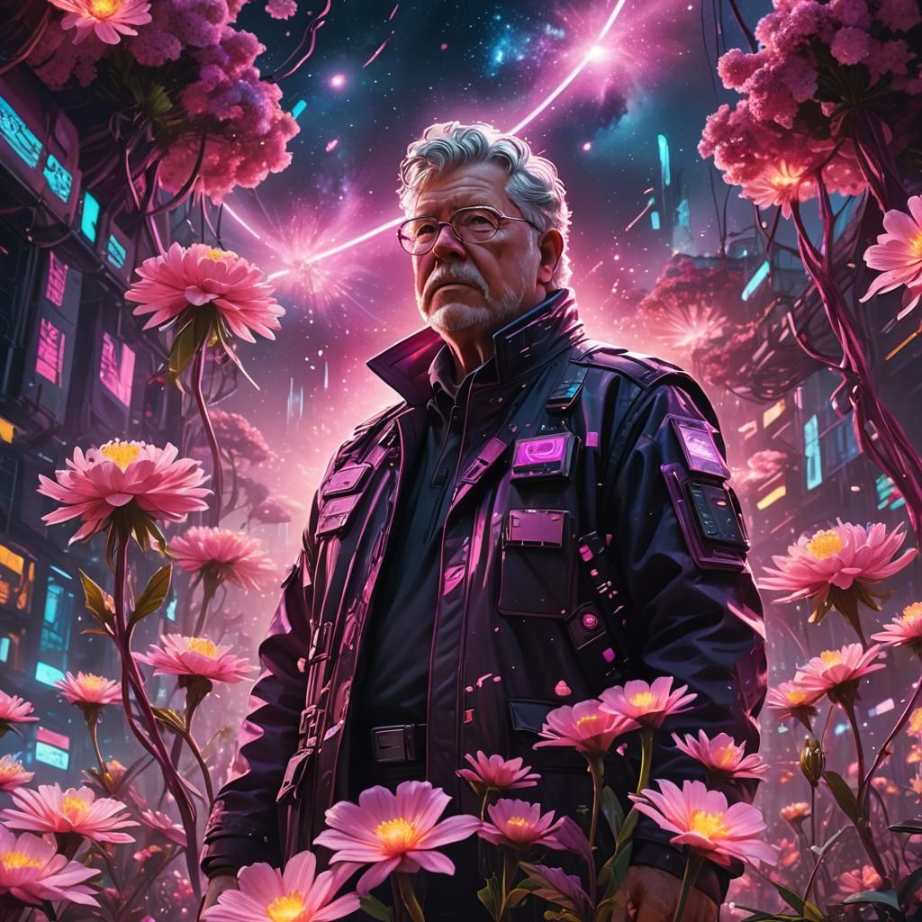 Pink Galaxy: Cyberpunk Flowers and Enchanted Figure