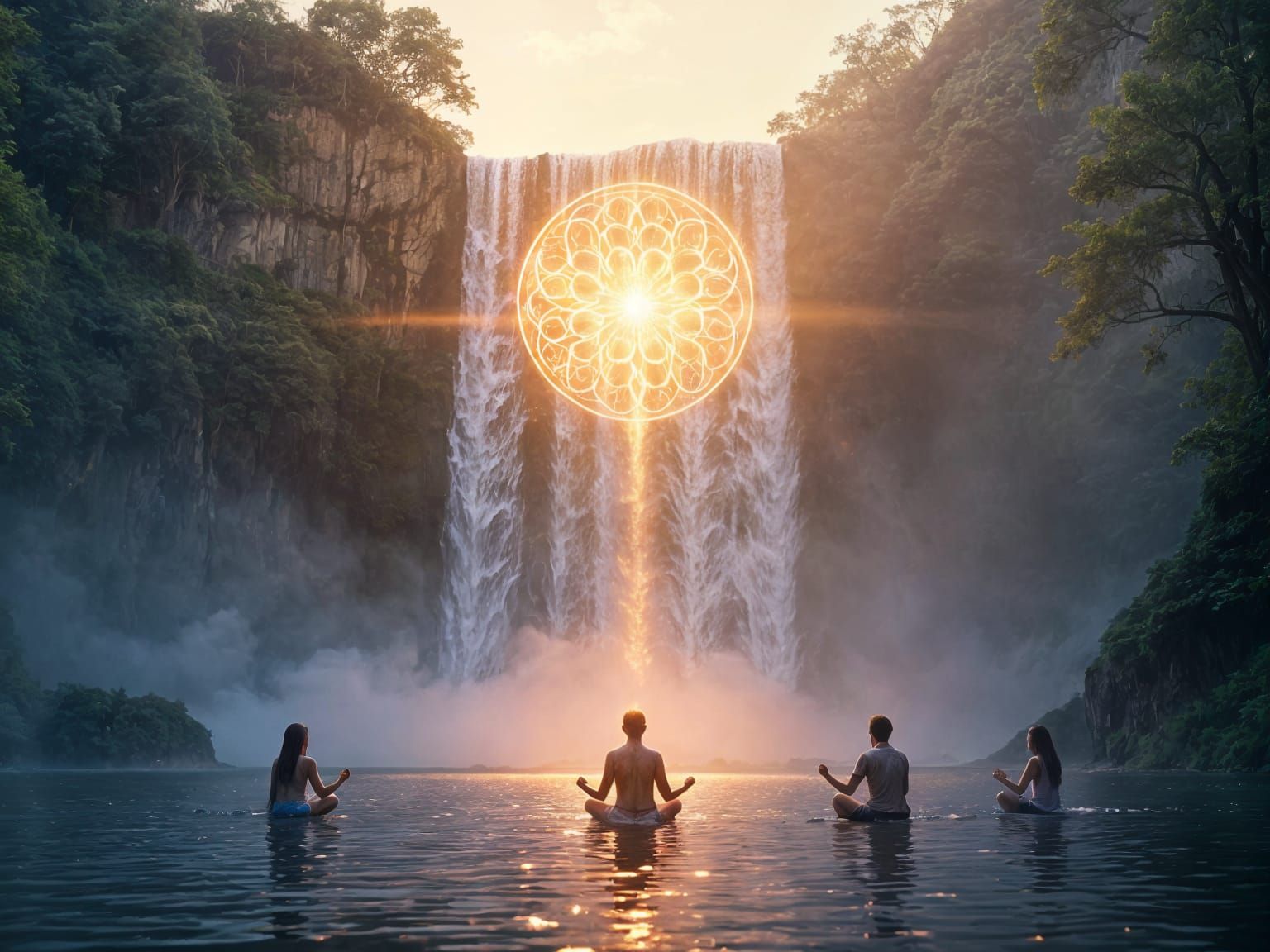 Sacred Waterfall Cathedral at Sunrise with Light Geometry