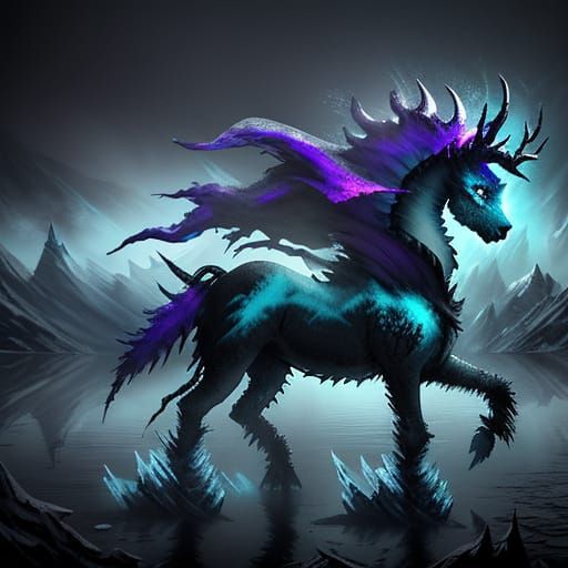 Undead Ice Kirin on Frozen Lake in Dark Fantasy Art