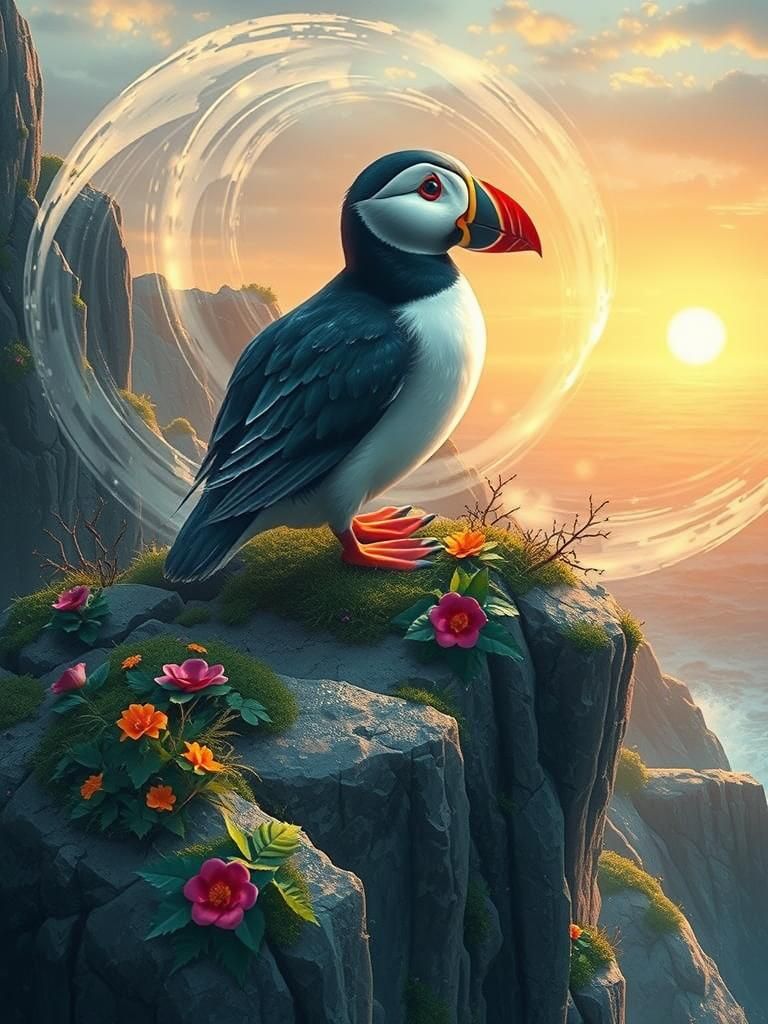 Puffin on Windswept Cliff in Fantasy Landscape