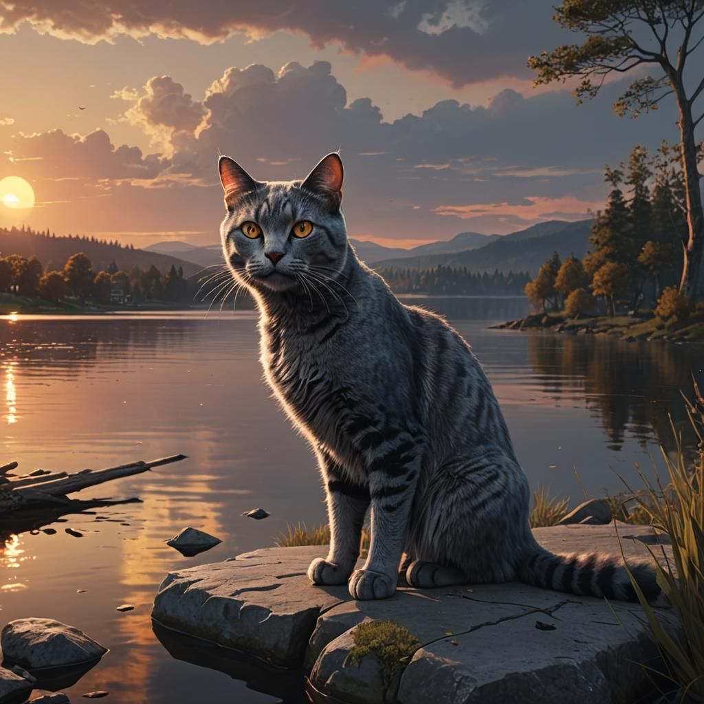 Gray Cat Silhouette at Sunset: Fantasy Concept Art