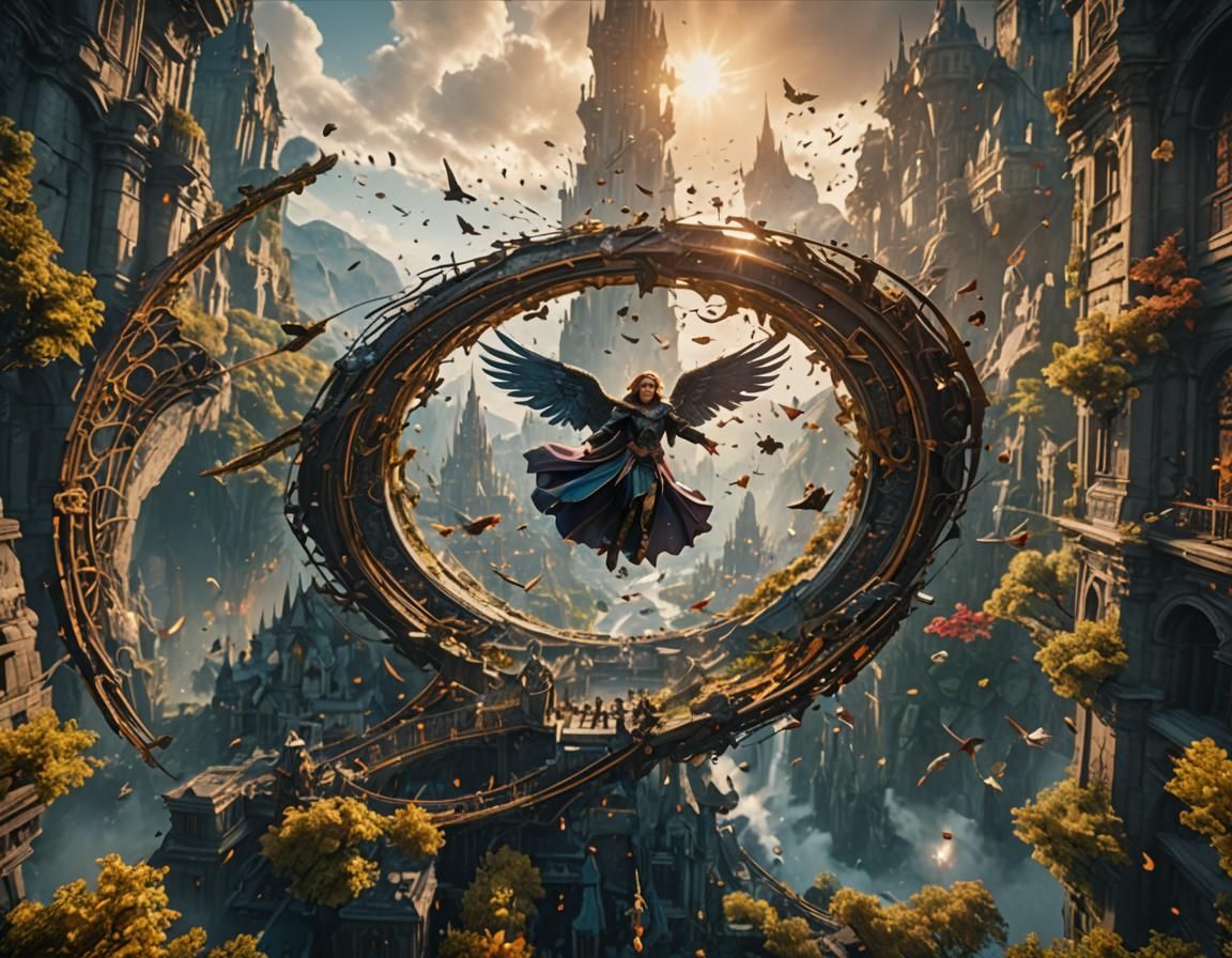 Angelic Flight: Detailed Matte Painting in Fantasy Style