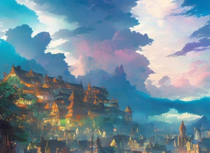 Elegant Medieval Fantasy Town with Intricate Cloud Patterns