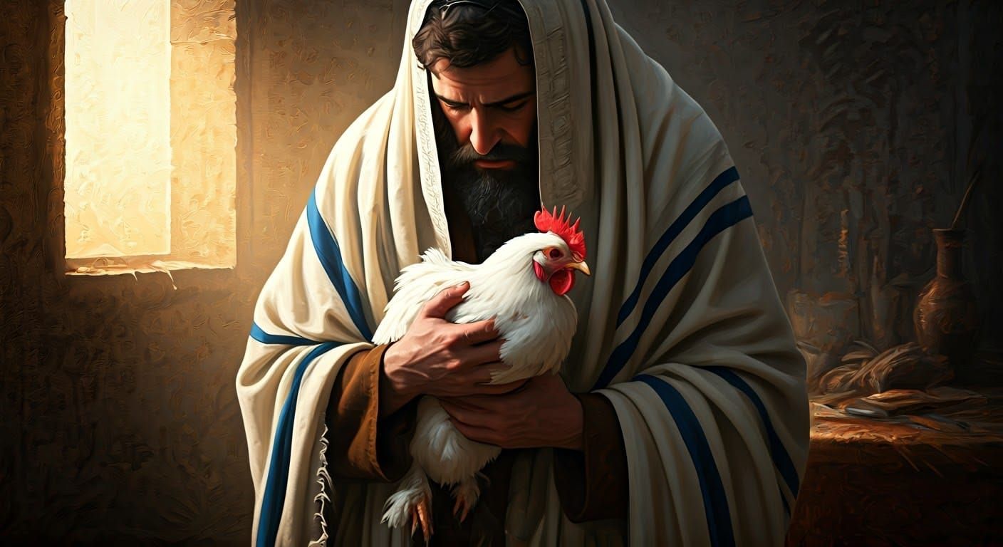 Kaparot Ritual with White Chicken in Rembrandt Style