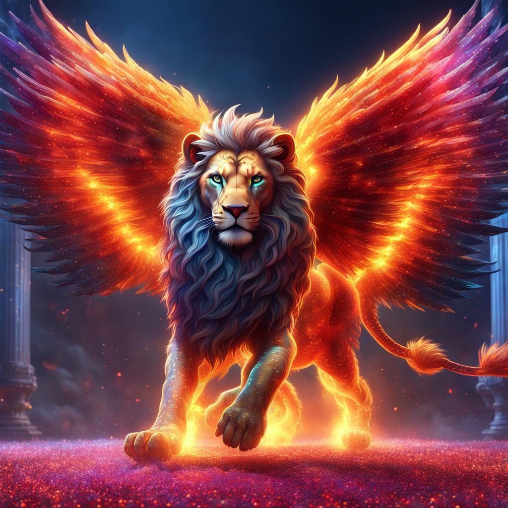 Rainbow Lion with Wings and Burning Wheels