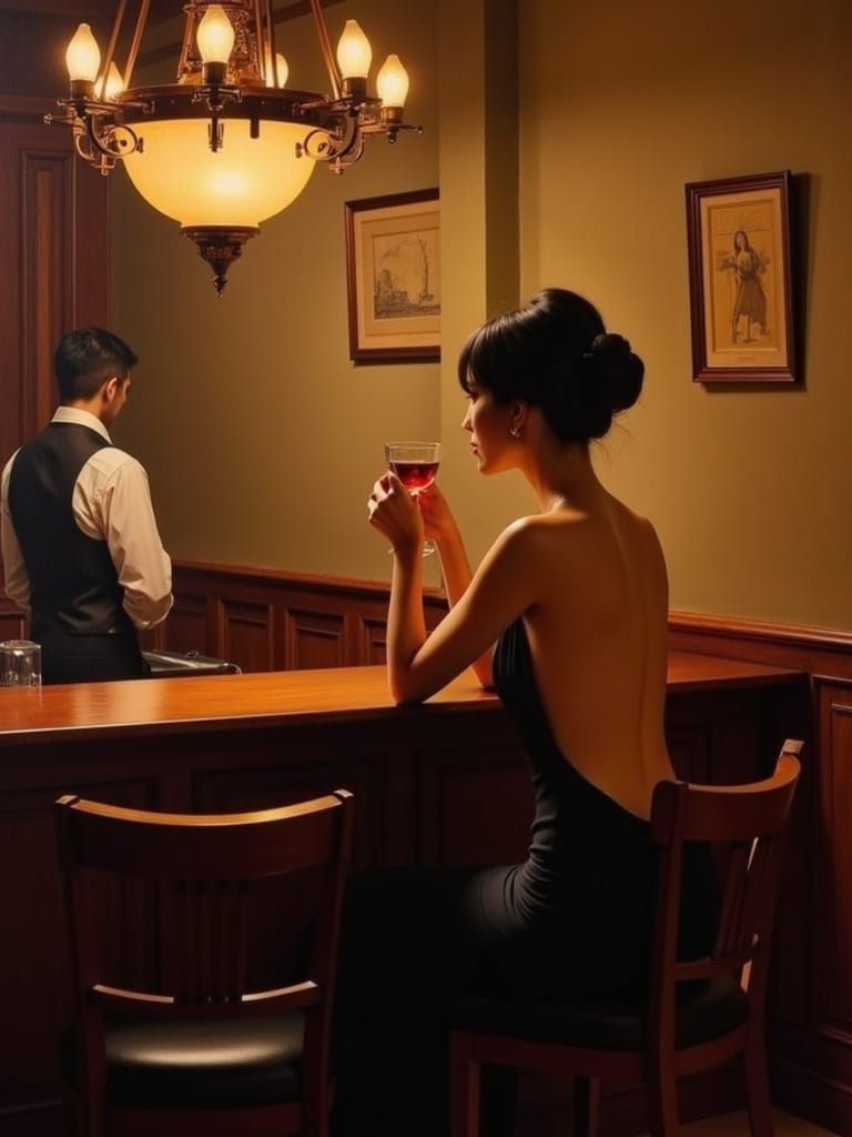 Surreal Bar Scene in a Frank Lloyd Wright-Inspired Interior