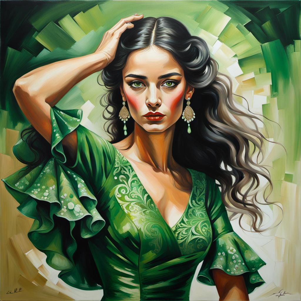 Flamenco Dancer in Green Dress: Hyperrealistic Portrait