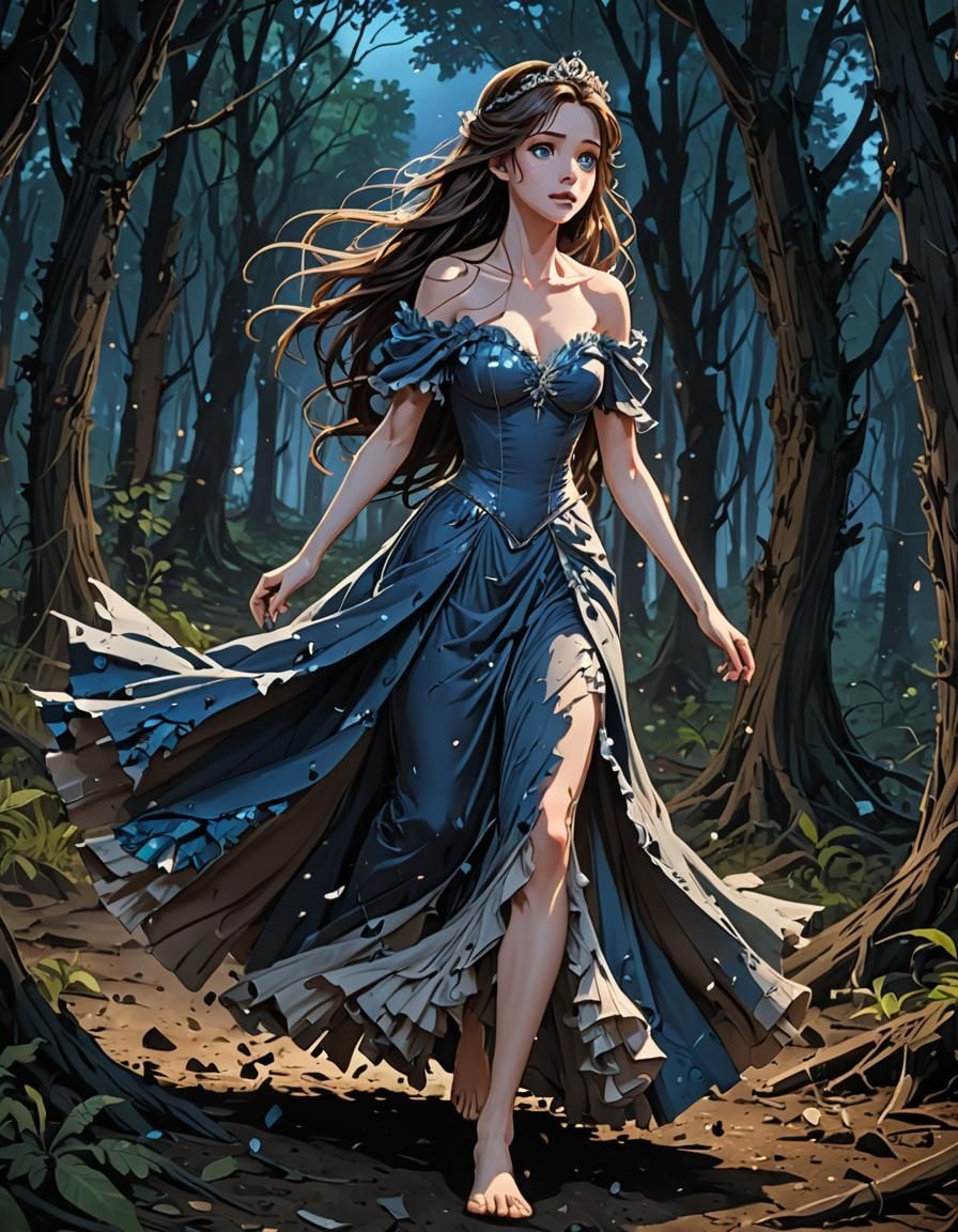 Distressed Princess Running in Forest: Anime Style Art