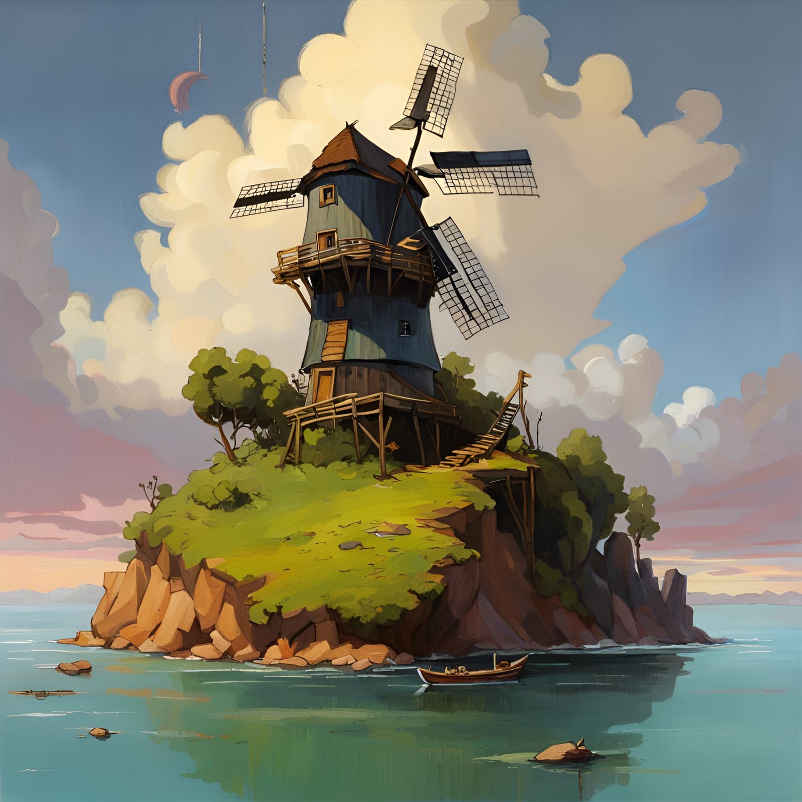 Floating Island Windmill: Oil Painting