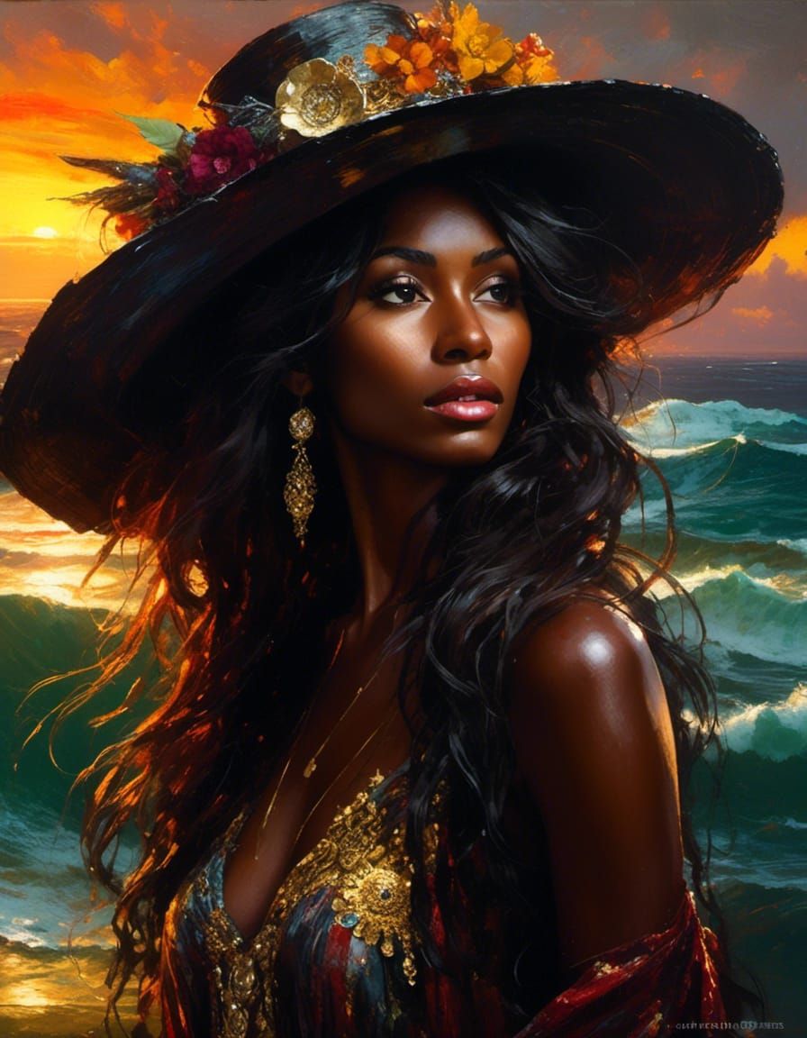 Colombian Woman in Coastal Sunset: Oil Painting