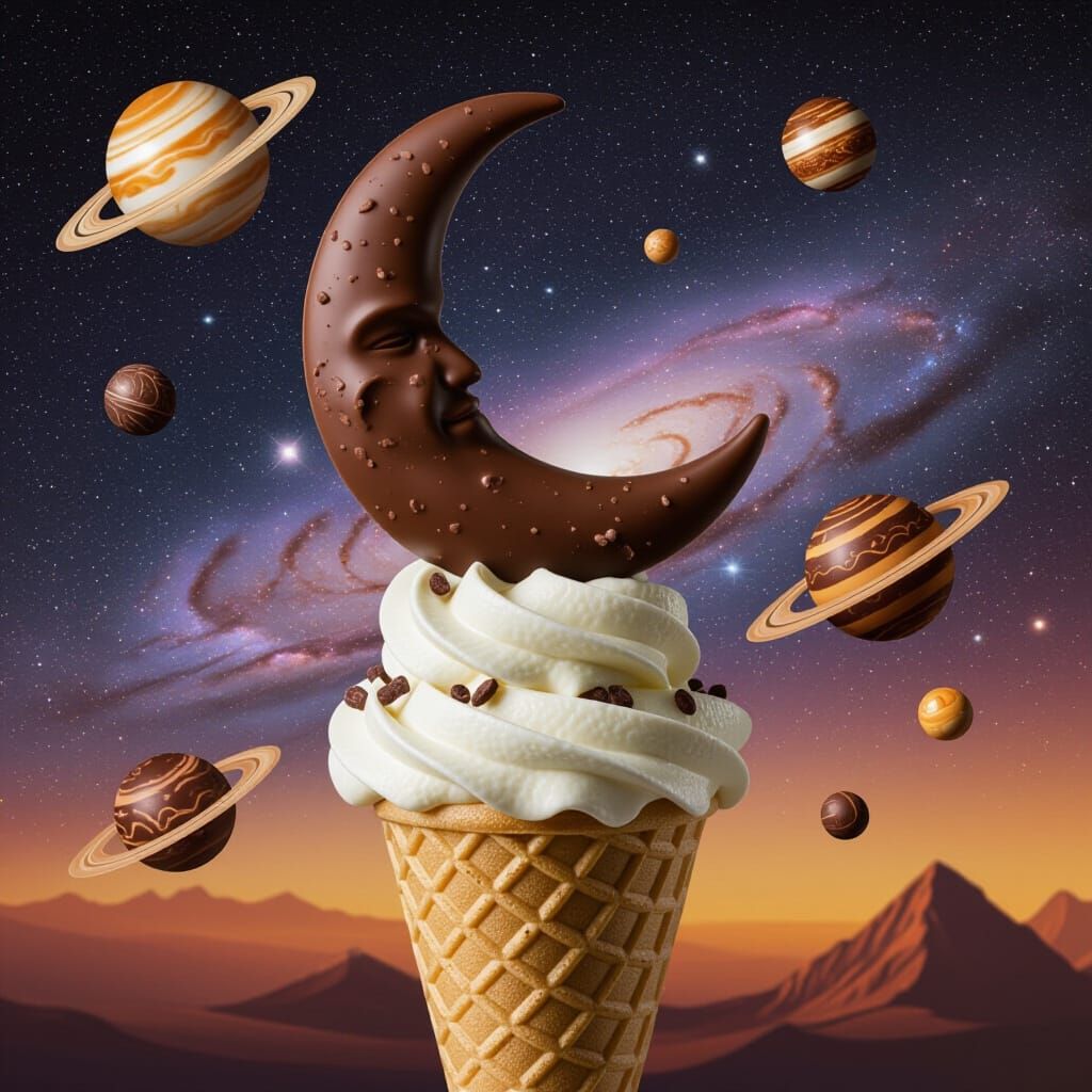 Cosmic Chocolate Moon on Swirl Ice Cream Cone