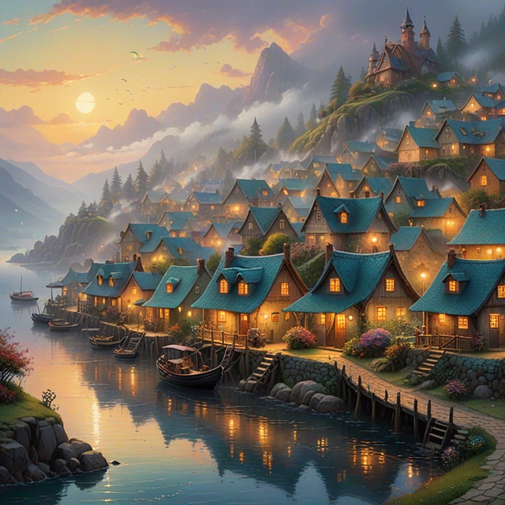Ethereal Fishing Village in Golden Light