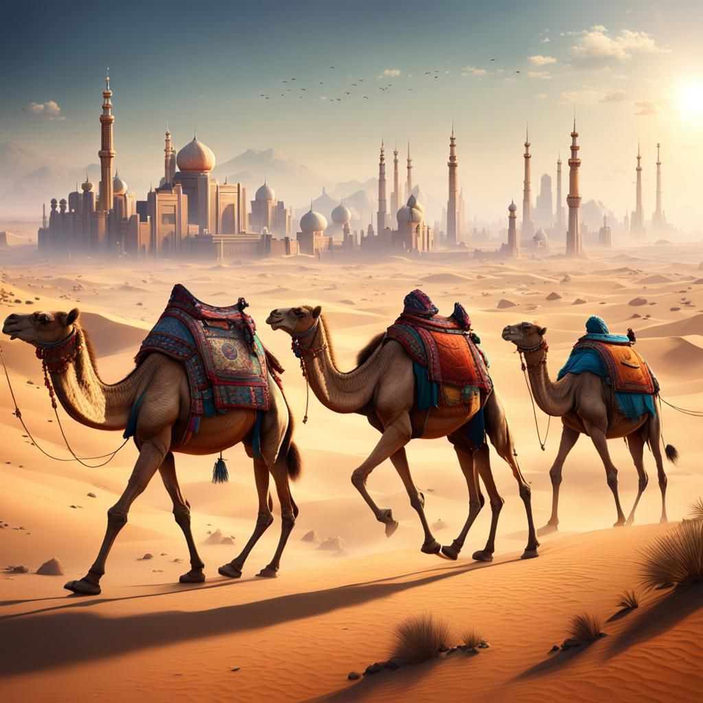 Camels in Desert, Metropolis Backdrop: Fantasy Concept Art