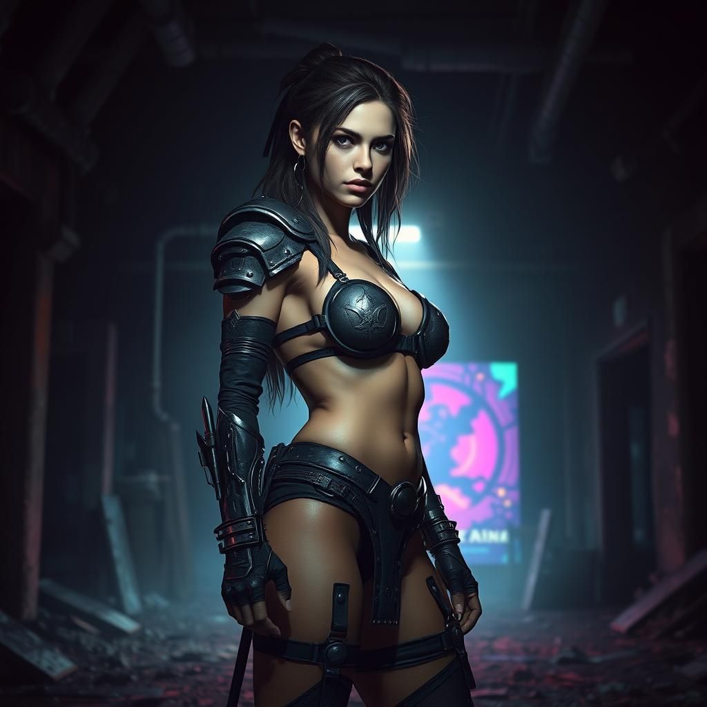 Armored Bikini Warrior in Dark Post-Apocalyptic Landscape