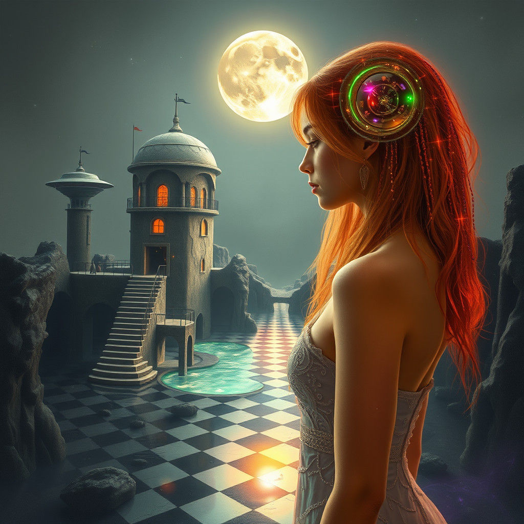 Mystical Woman in Psychedelic Cityscape