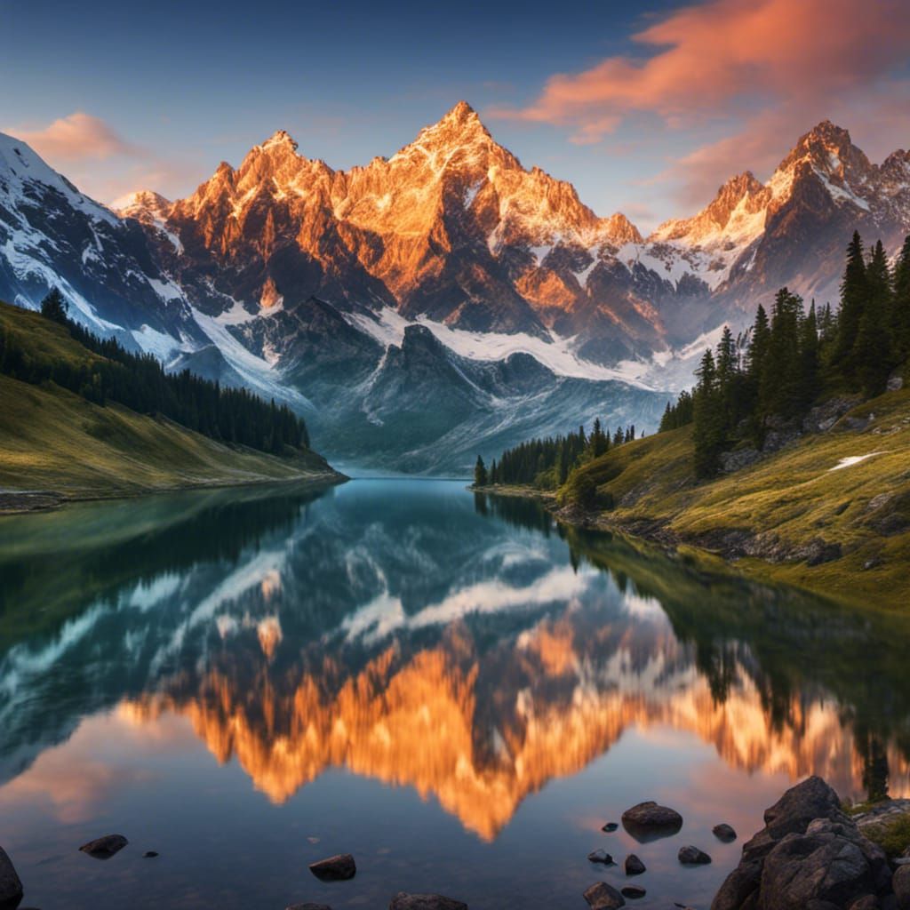 Majestic Mountains Reflected at Sunrise: Painterly Style