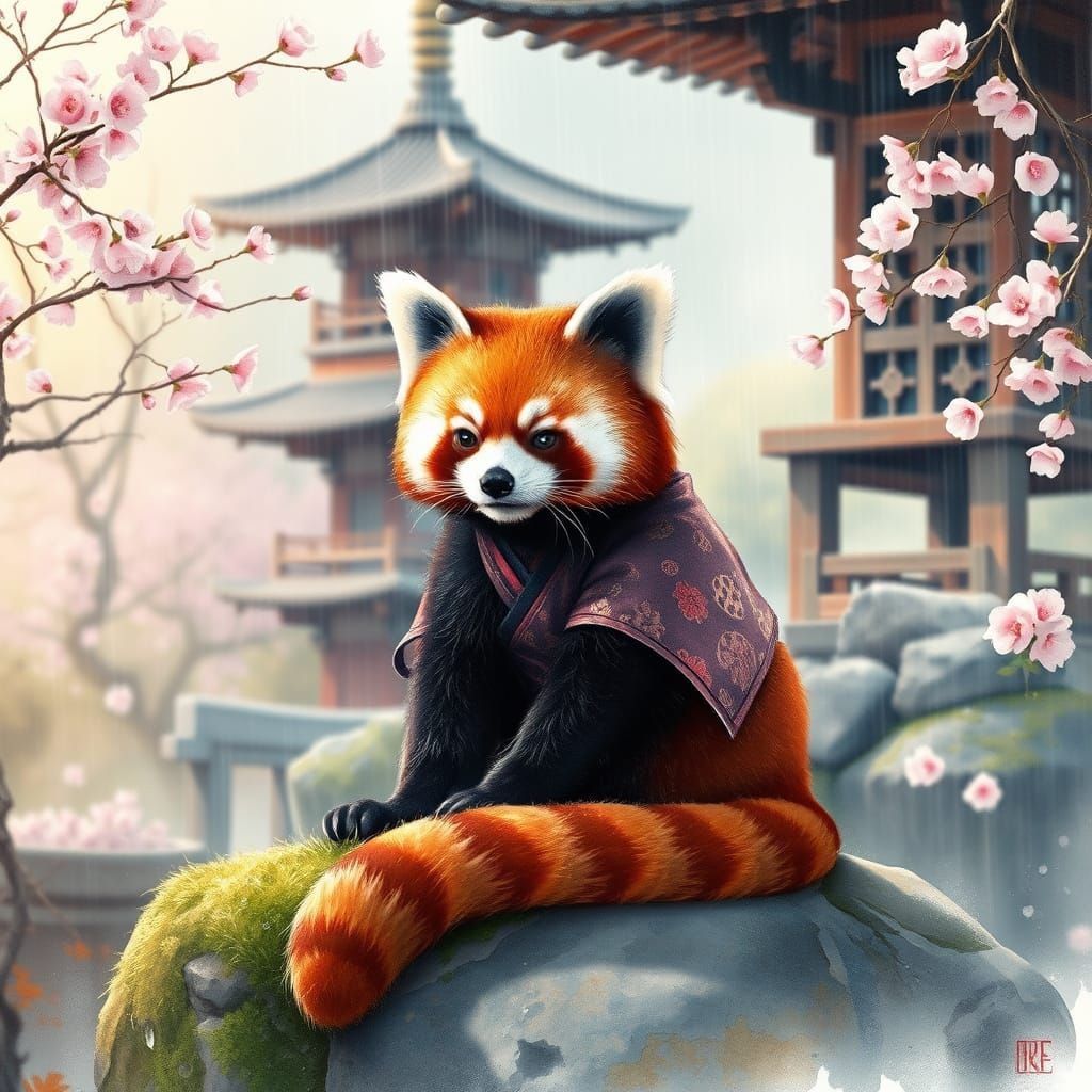 Red Panda in East Asian Garden: Watercolour Art