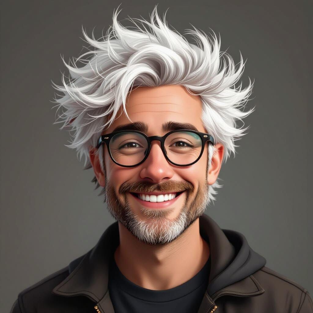 Realistic Portrait of a Smiling Man with Poofy Hair