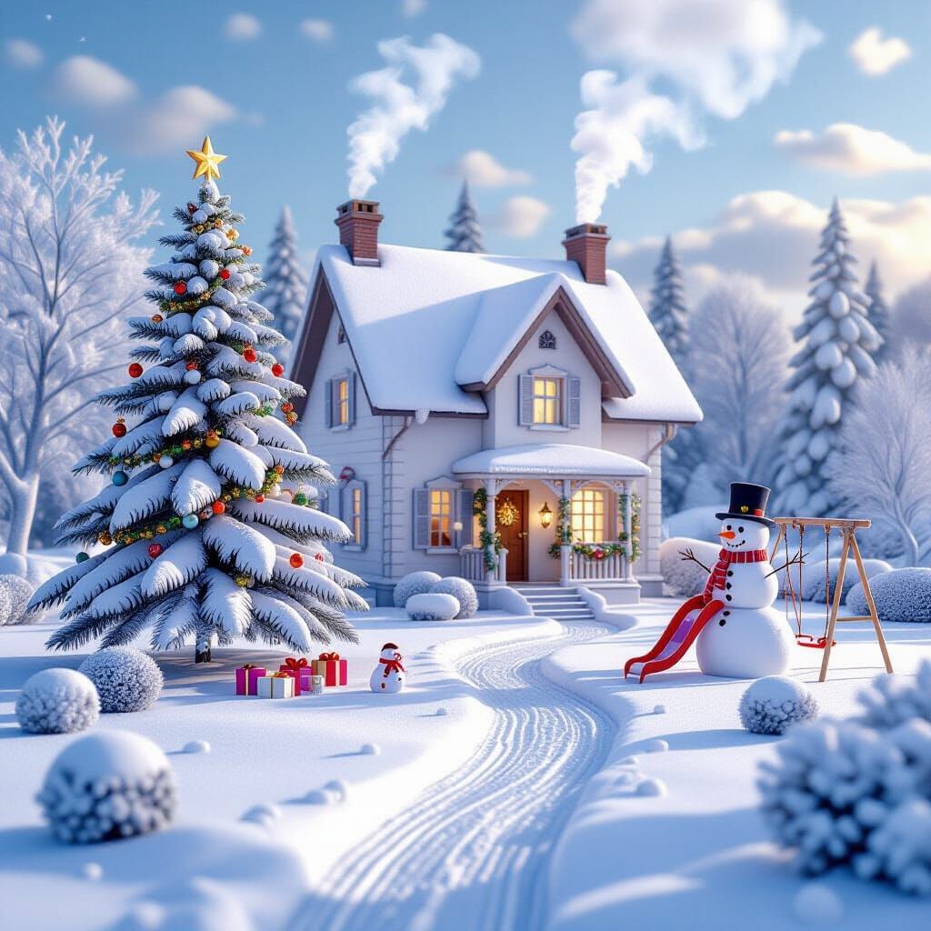 Magical Winter Village at Dawn in Fantasy Style